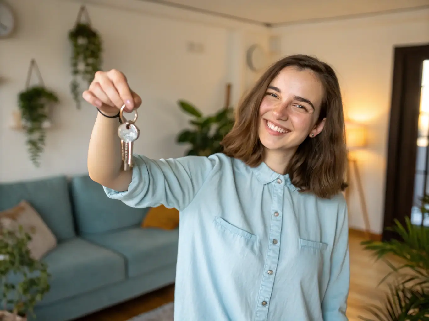 A happy tenant receiving keys to a new, well-maintained apartment, symbolizing the positive experience PATRION provides.