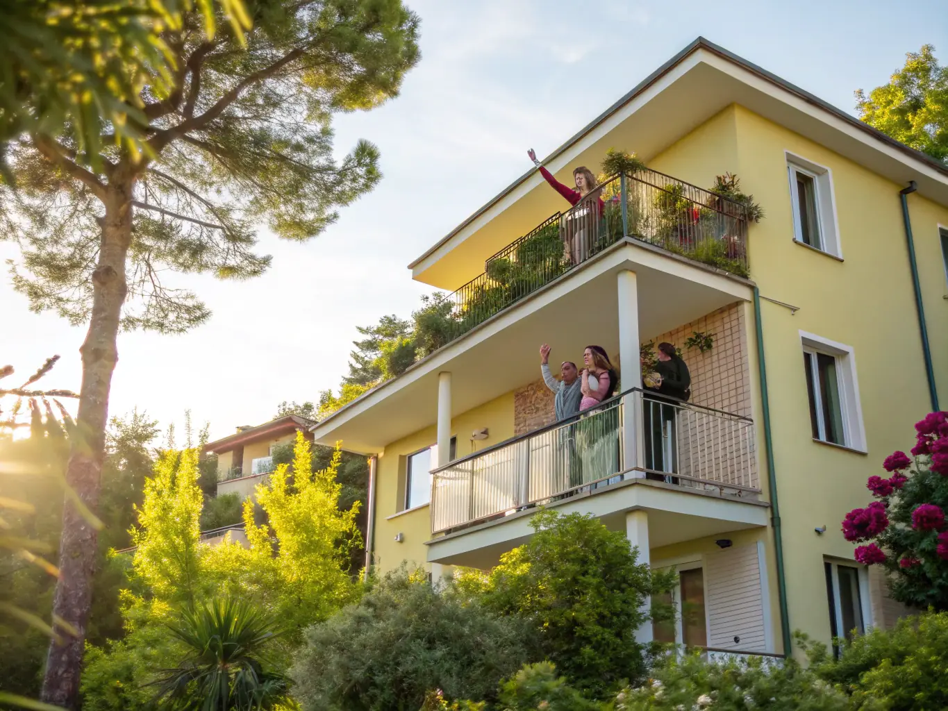 An image of a well-maintained luxury apartment building with happy tenants and professional staff, representing PATRION's premium rental management services.