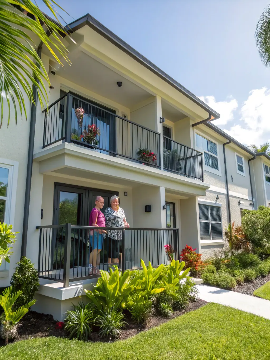 An image of a well-maintained luxury apartment building with happy tenants and professional staff, representing PATRION's Premium Rental Management services.
