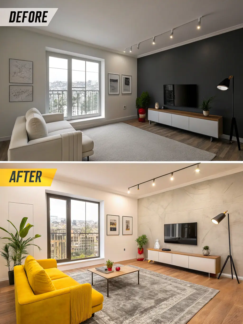 A before-and-after image of a contemporary living room renovation showcasing modern design elements, representing PATRION's High-End Renovation Services.