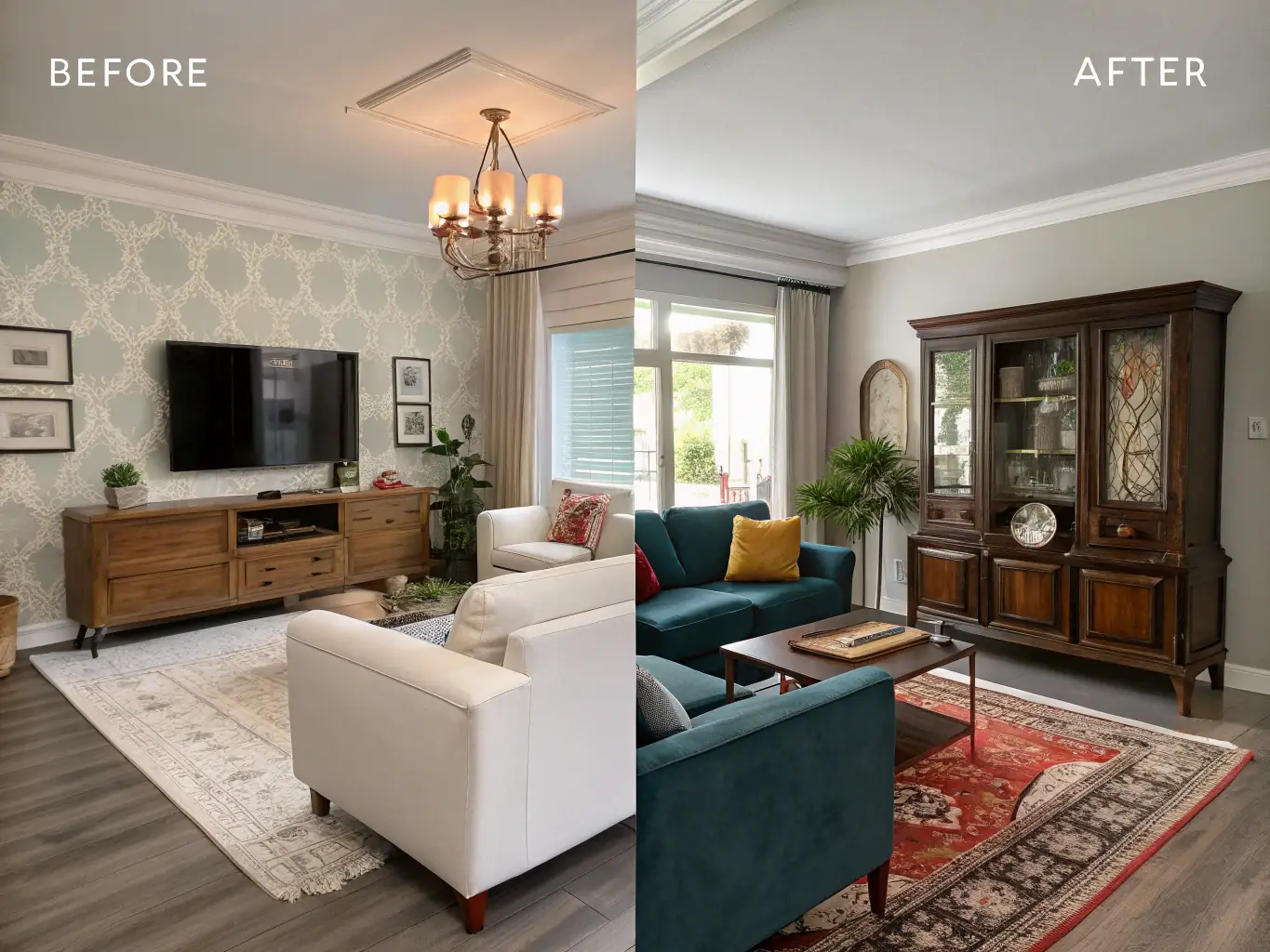A before-and-after image of a contemporary living room renovation showcasing modern design elements, representing PATRION's high-end renovation services.