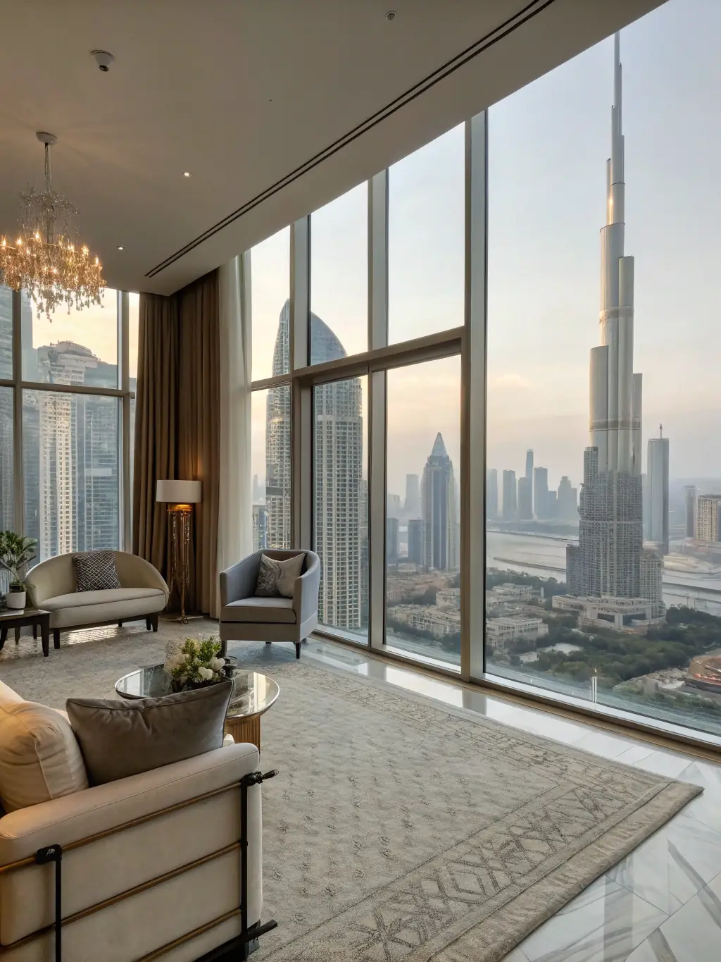 An elegant image of a modern luxury apartment with floor-to-ceiling windows overlooking the city skyline, representing PATRION's Luxury Real Estate Brokerage services.
