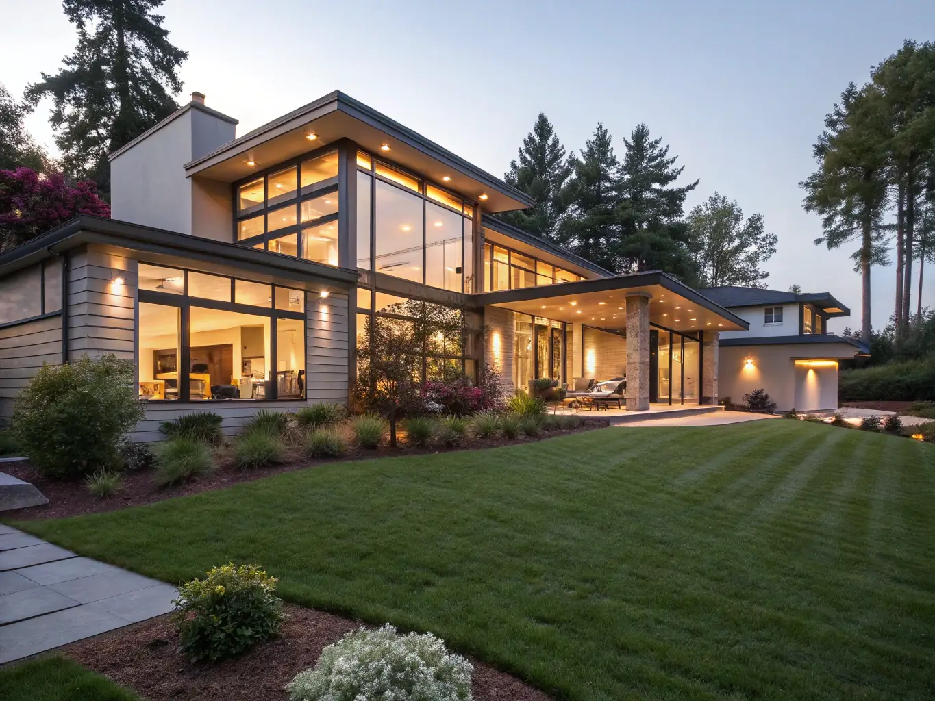 A modern luxury home exterior at dusk, showcasing architectural lighting and manicured landscaping, emphasizing high-end property acquisition.