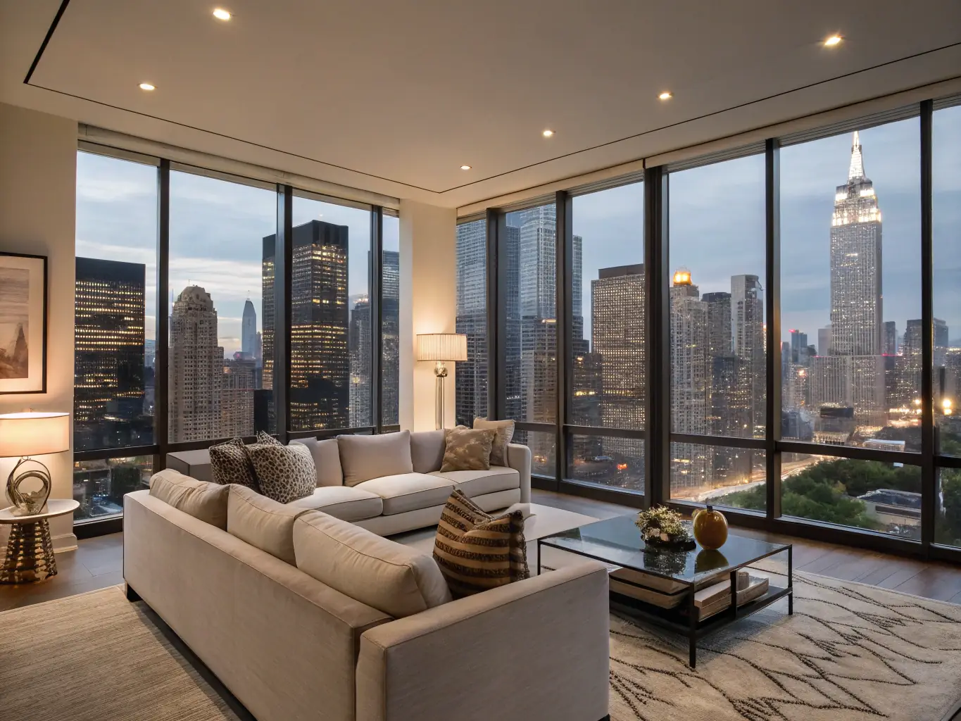 An elegant image of a modern luxury apartment with floor-to-ceiling windows overlooking the city skyline, representing PATRION's expertise in luxury real estate brokerage.