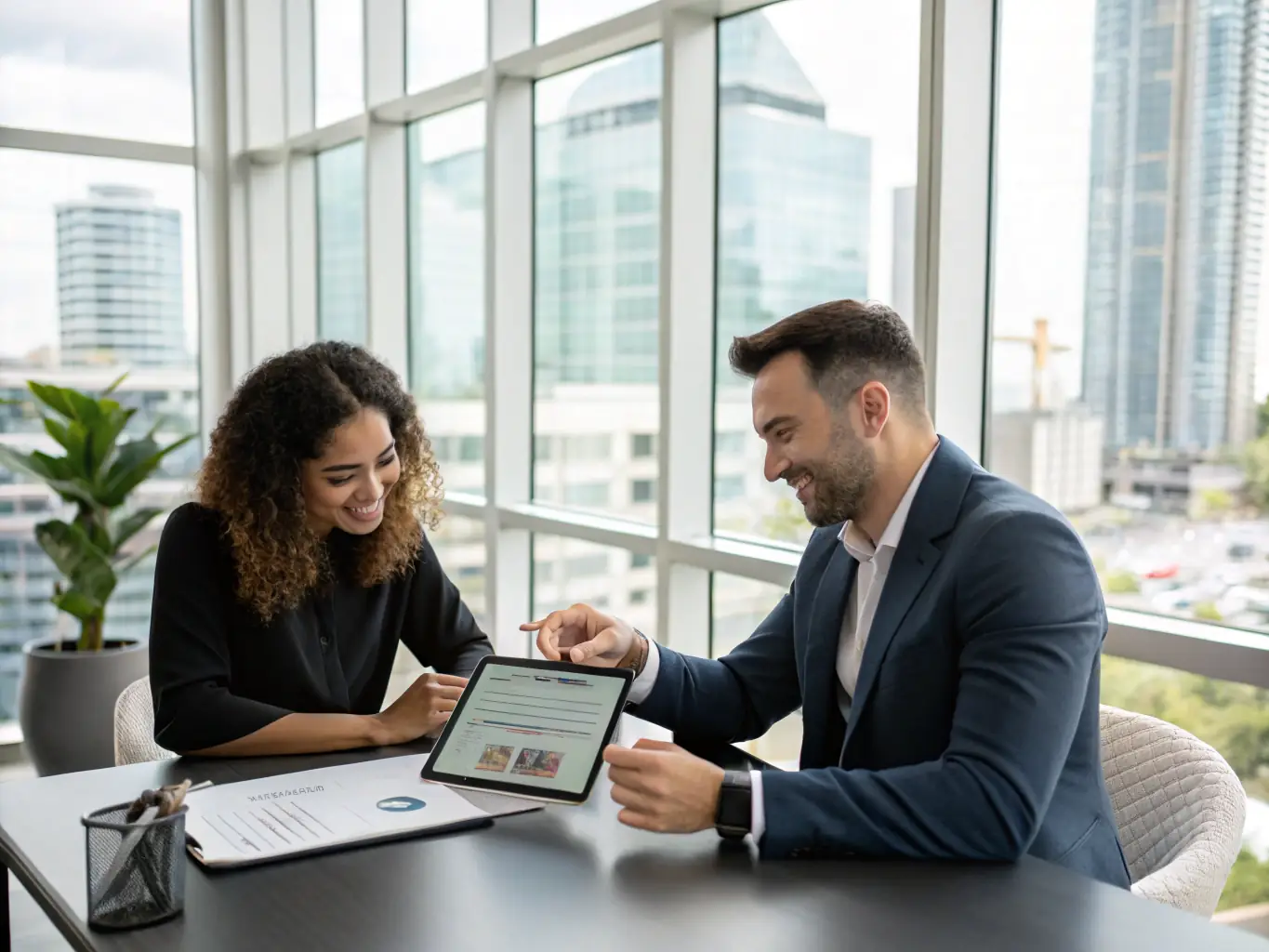 A sophisticated real estate agent presenting a property portfolio to a client in a modern office setting, highlighting personalized sales services.