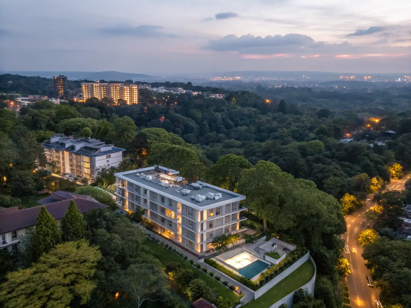 A modern luxury apartment building at sunset, showcasing well-maintained landscaping and upscale amenities, representing the benefits for tenants.